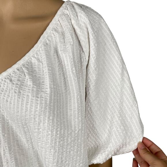 LOFT NWT White V-neck Crinkle Seersucker Peasant Top SZ L - Picture 4 of 11